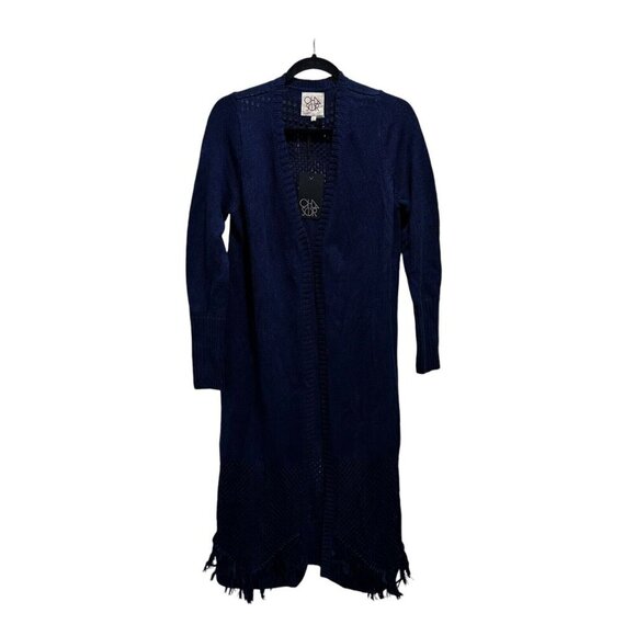 Chaser Sweater Size M Navy Blue Open Front Fringed Long Kimono‎ Cardigan NWT - Picture 1 of 7